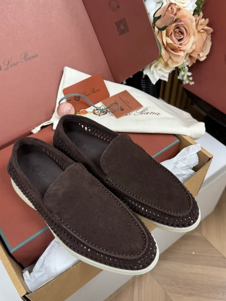 Loro Piana Коричневые замшевые лоферы Summer Walk с плетением