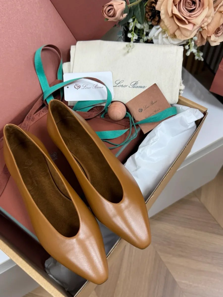 Коричневые кожаные балетки Loro Piana Rebecca в фирменной коробке, вид сверху