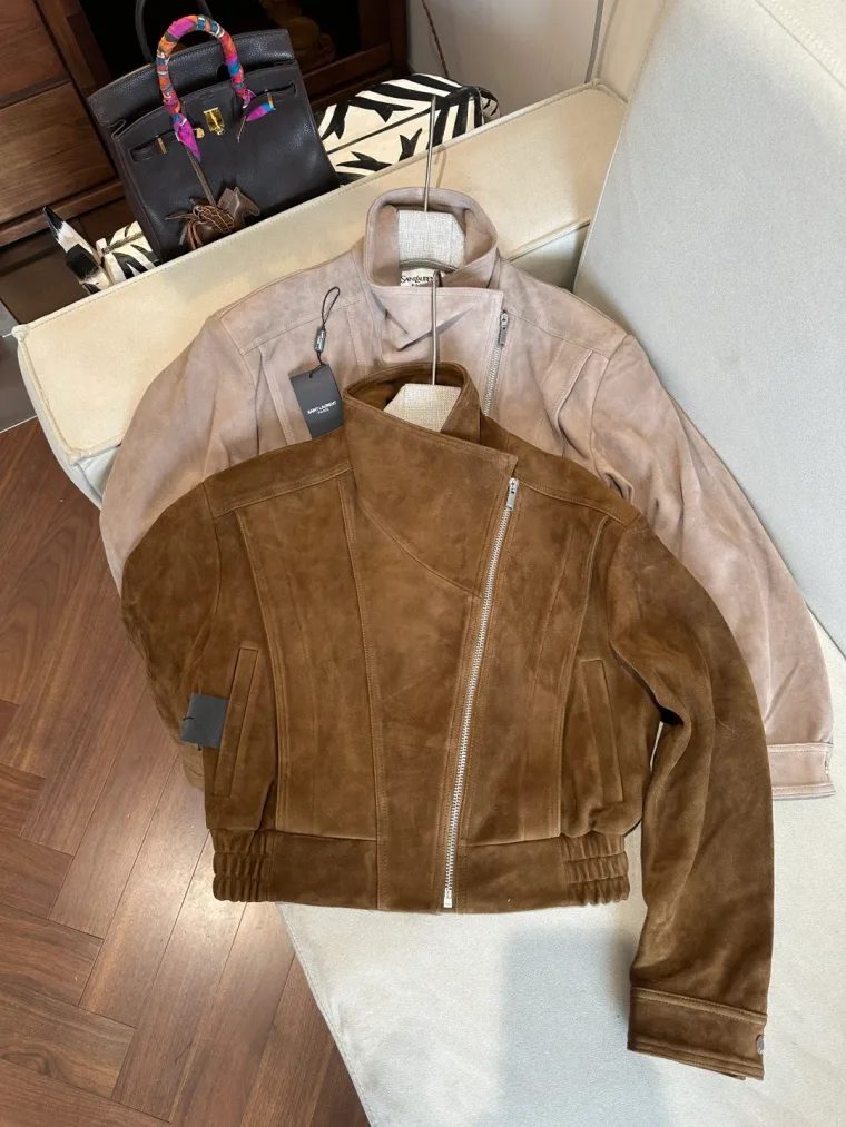 Saint Laurent Коричневая замшевая куртка с асимметричной молнией
