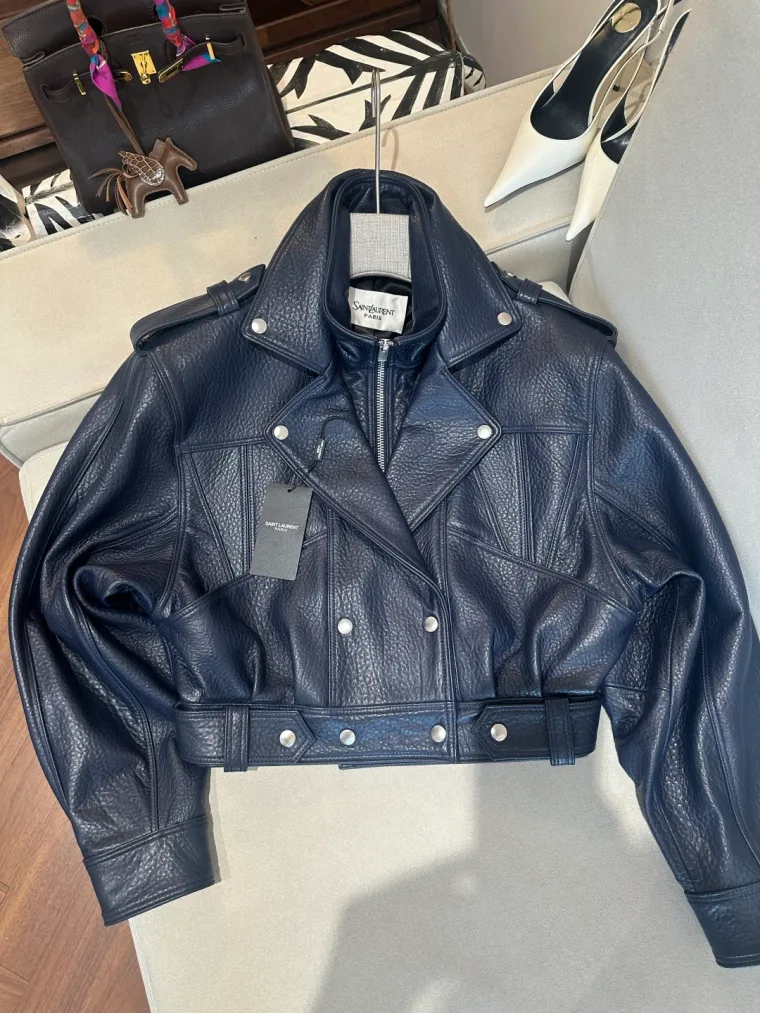 Saint Laurent Тёмно-синяя кожаная куртка свободного кроя