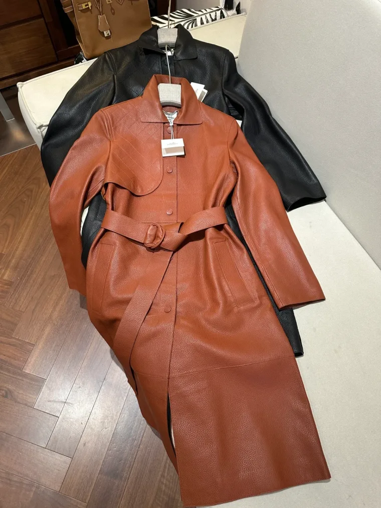 Hermes Кожаное пальто коричневого цвета с поясом