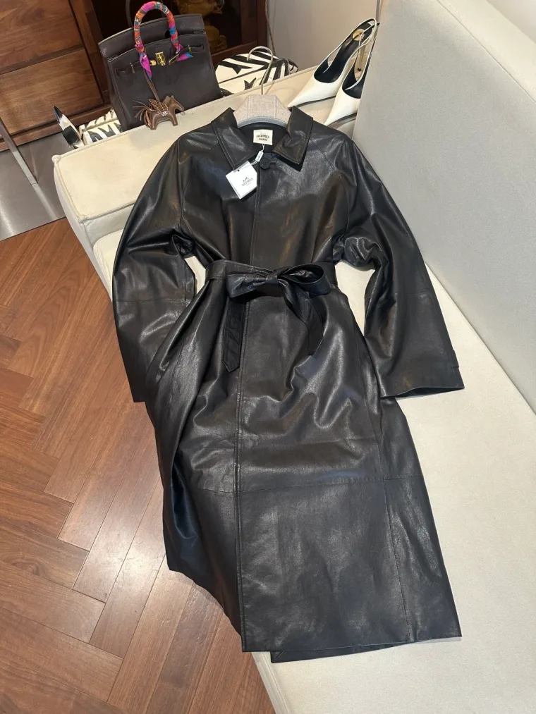 Hermes Чёрное кожаное пальто с поясом