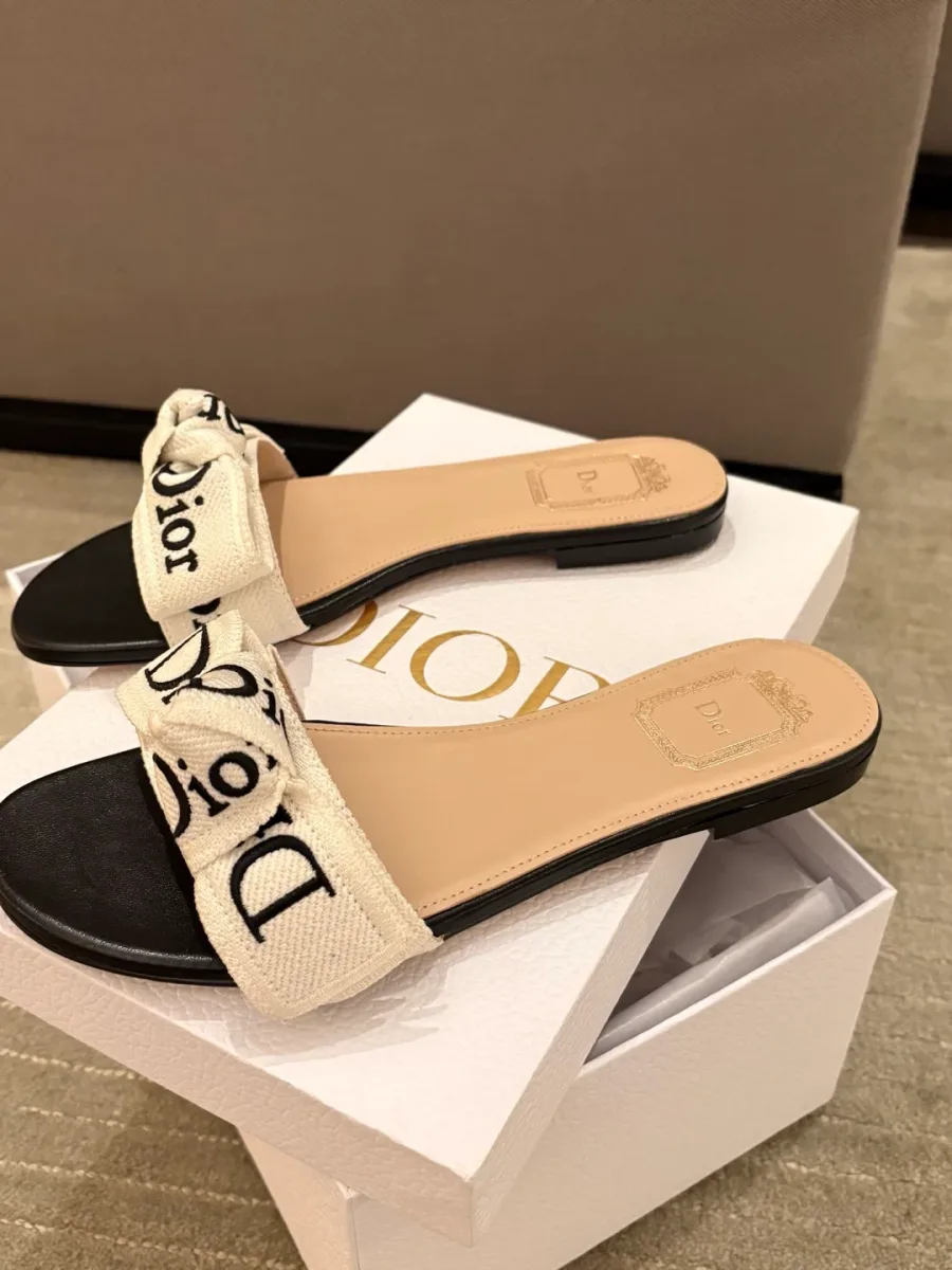 Женские шлепанцы с лентой и вышивкой Dior на коробке, вид сбоку
