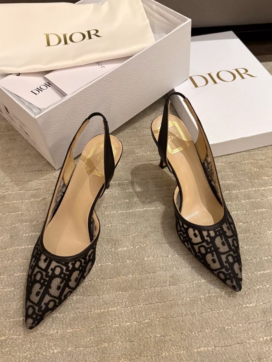 Чёрные туфли-слингбэки Dior Adiorable из сетки с узором Oblique рядом с фирменной коробкой и пыльником
