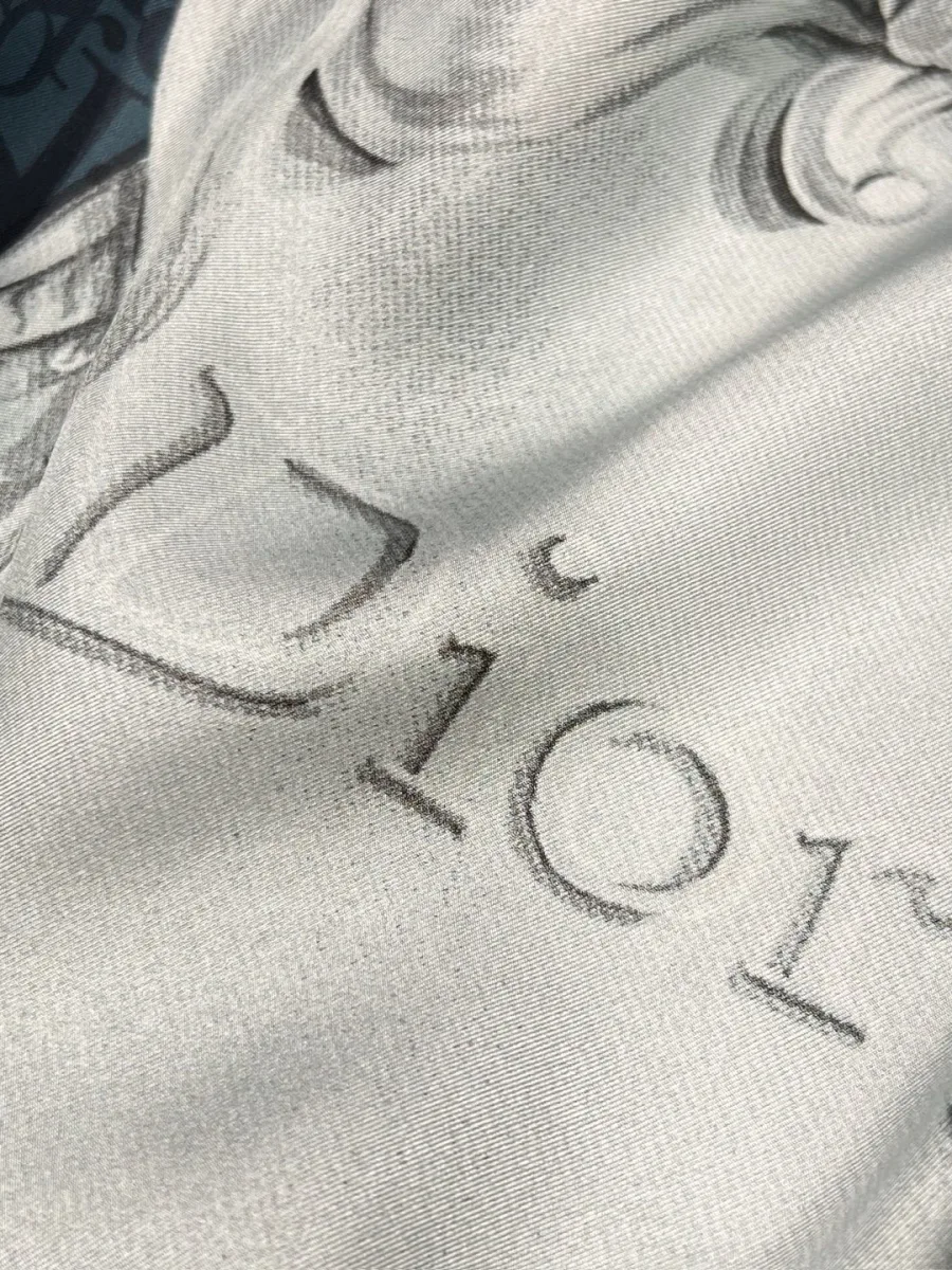 Крупный план принта с медальоном и надписью Dior на шёлковом платке