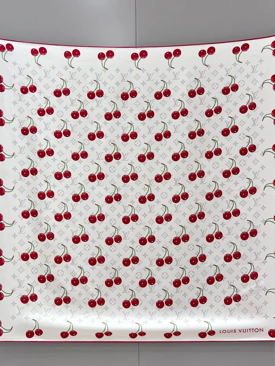 Белый шёлковый платок с принтом Monogram Cerises, вид полностью в расправленном виде