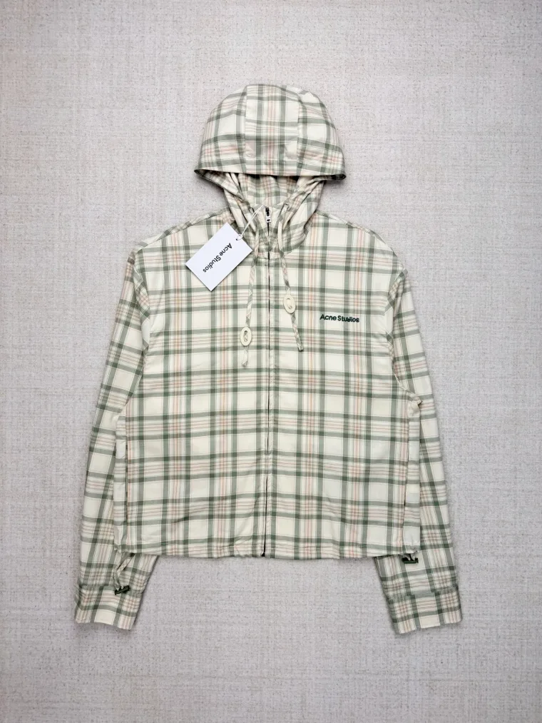 Acne Studios Бежево-зелёная ветровка в клетку с капюшоном