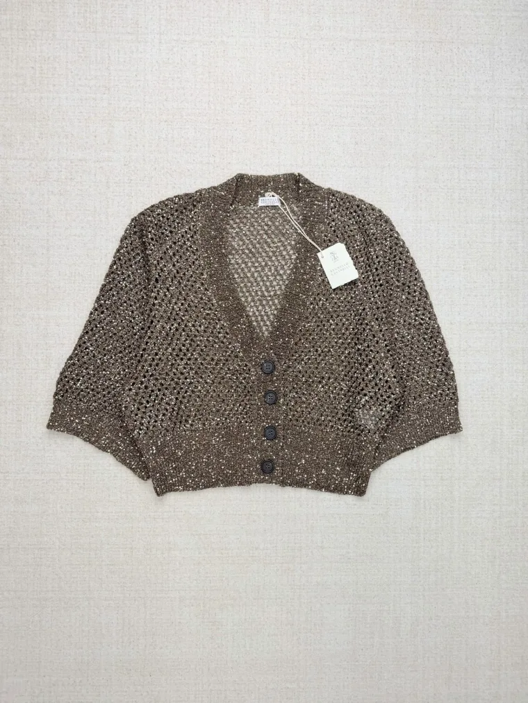 Brunello Cucinelli Коричневый ажурный кардиган с пайетками