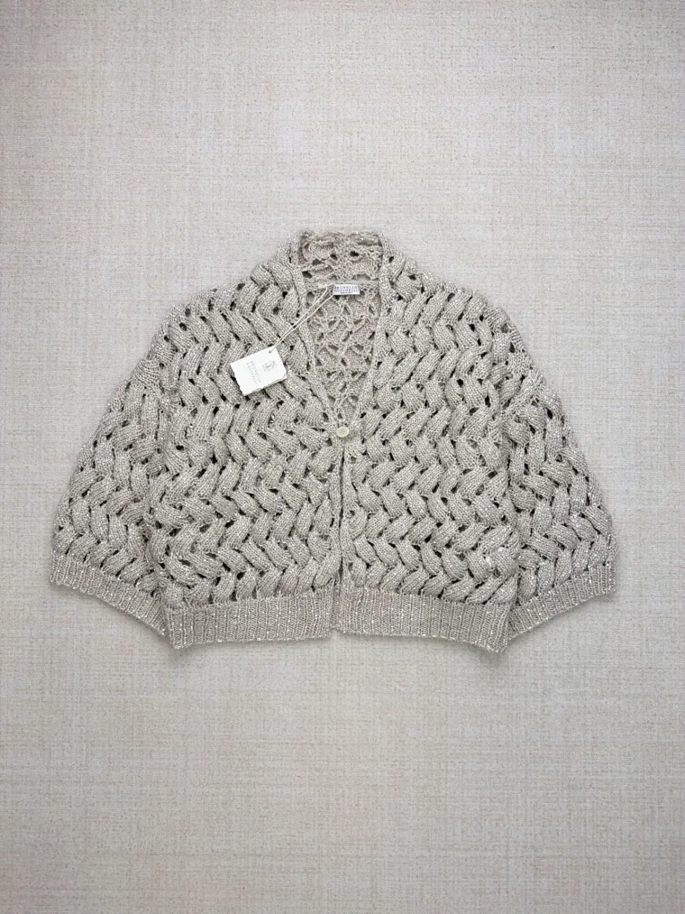 Brunello Cucinelli Бежевый кардиган фактурной вязки с укороченными рукавами
