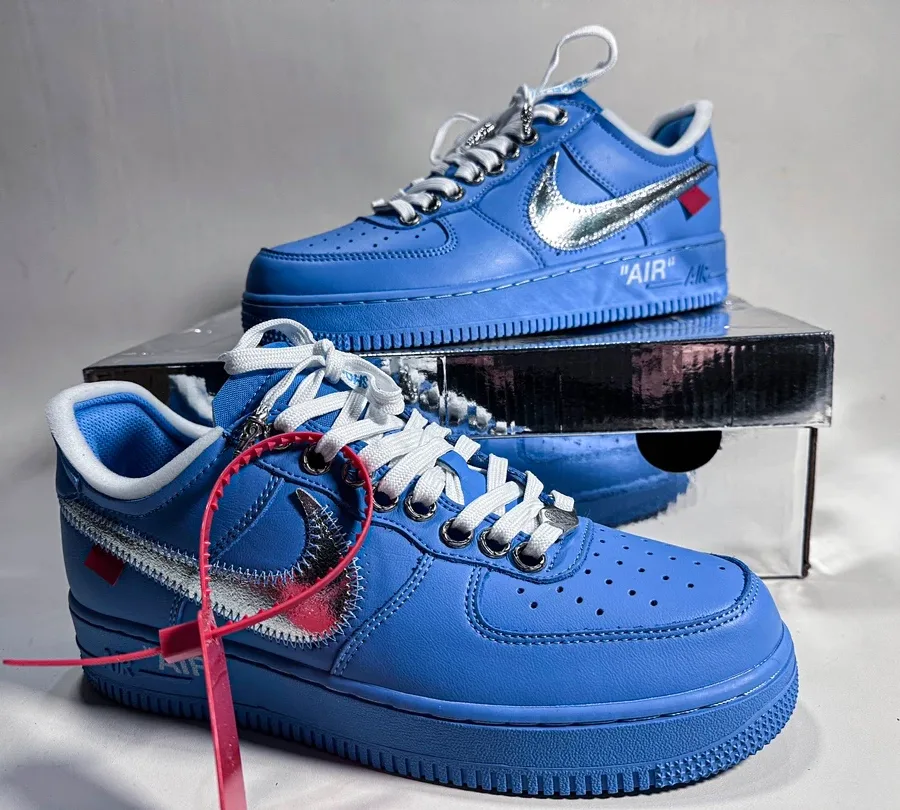 Голубые кроссовки Chrome Hearts x Nike Air Force 1 Low x Off-White MCA, вид сбоку