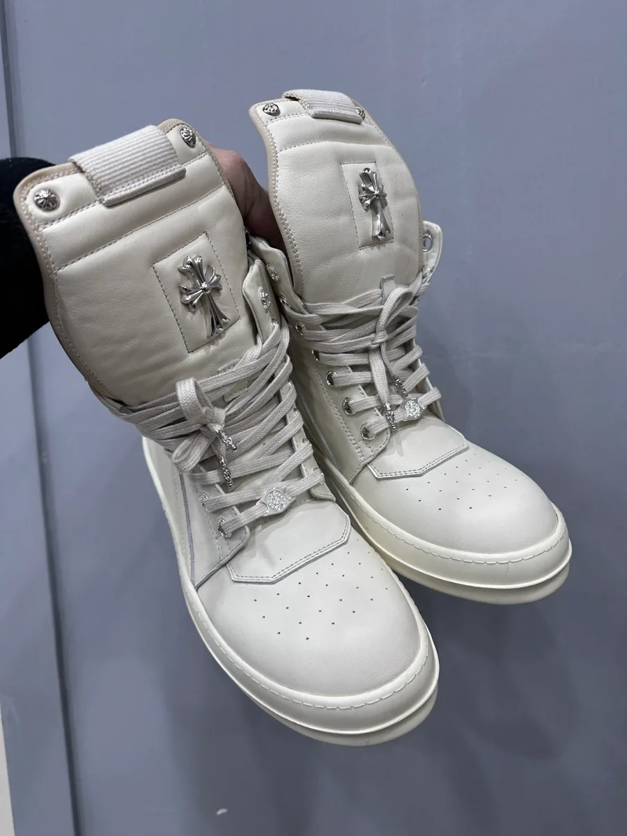 Высокие белые кеды Chrome Hearts x Rick Owens Geobasket из кожи, вид сбоку