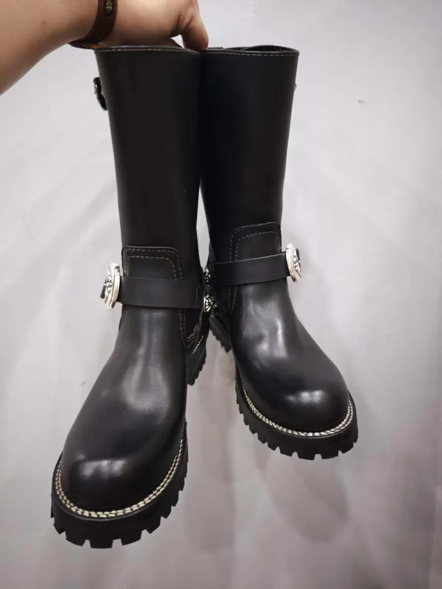Высокие черные кожаные сапоги Chrome Hearts x Wesco 9109, общий вид пары