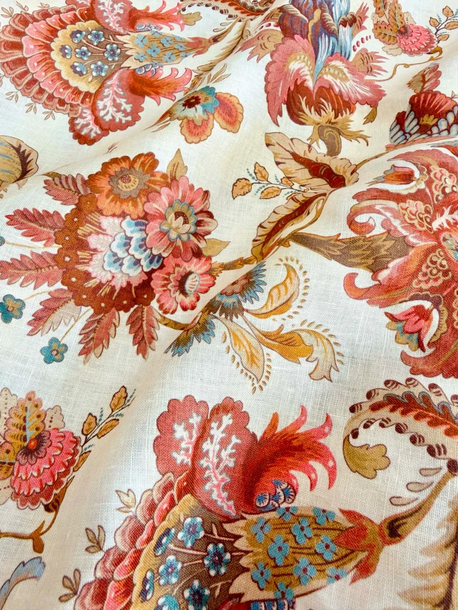 Фактура льняной ткани с детальным цветочным узором Cream Jacobean