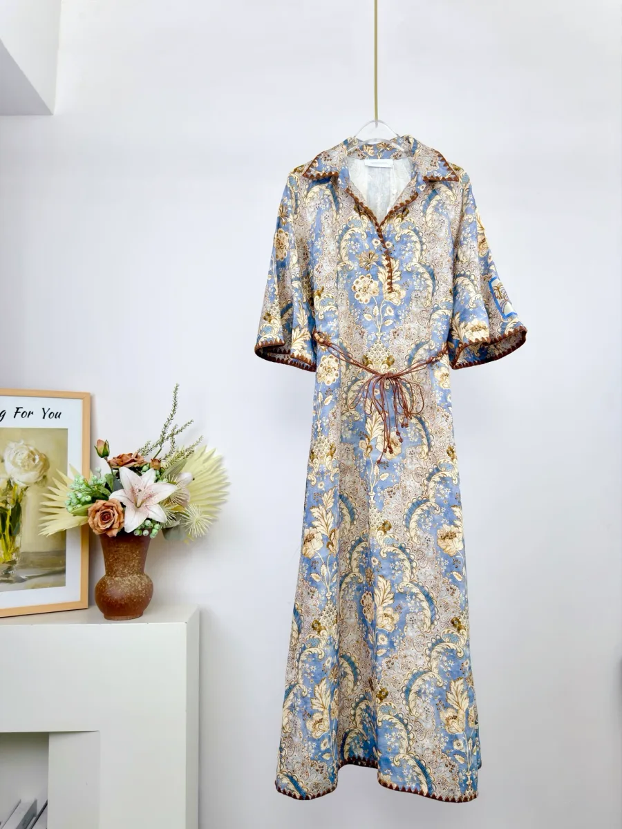 Льняное платье миди Daylight Tunic с узором Damask Denim, вид спереди