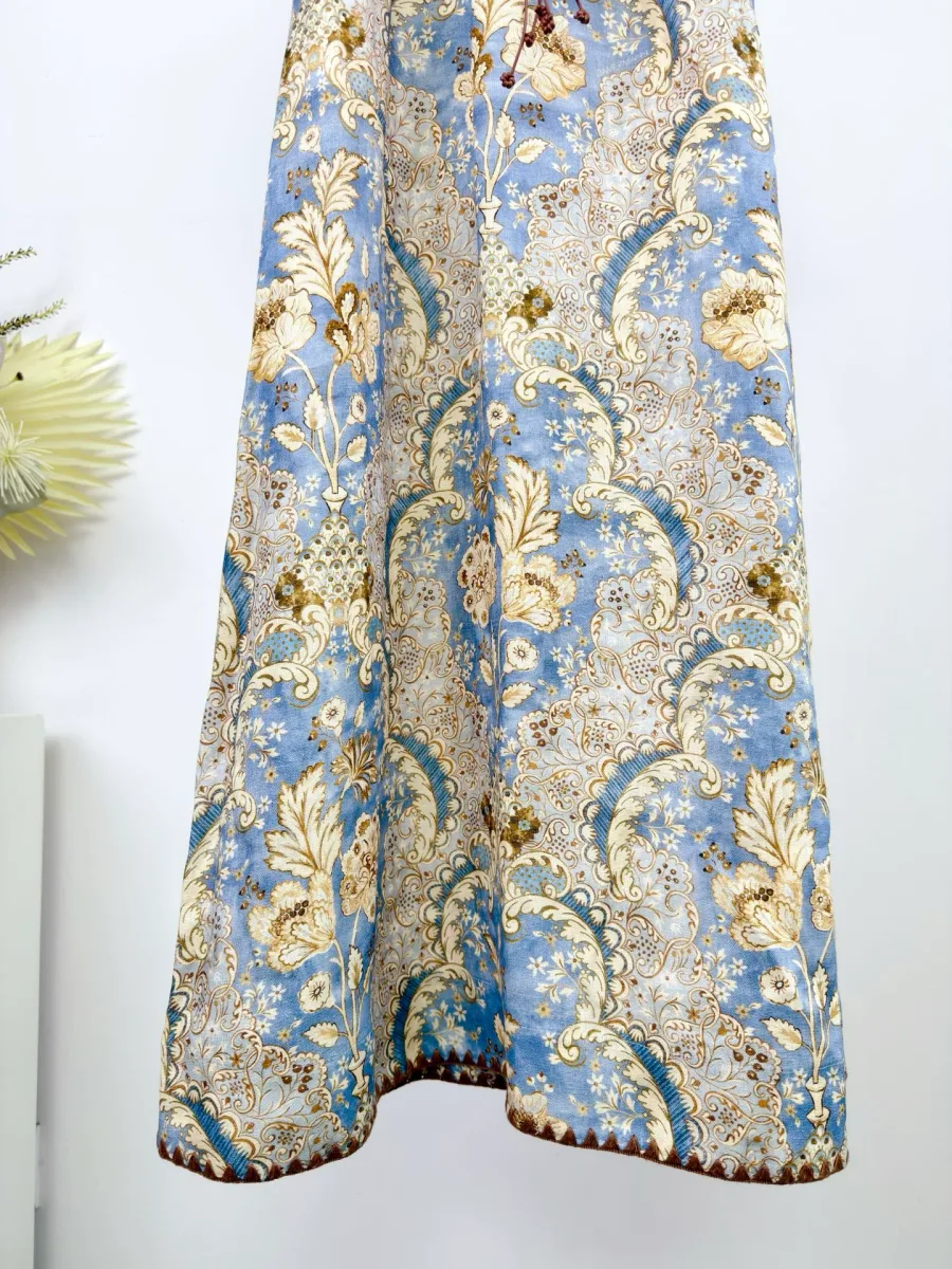 Подол льняного платья с сине-бежевым узором Damask Denim