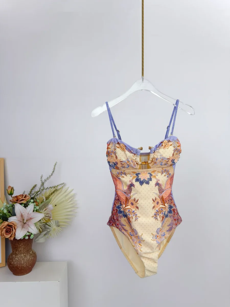 Слитный купальник Indra Biscuit Scarf Floral на вешалке с тонкими бретелями