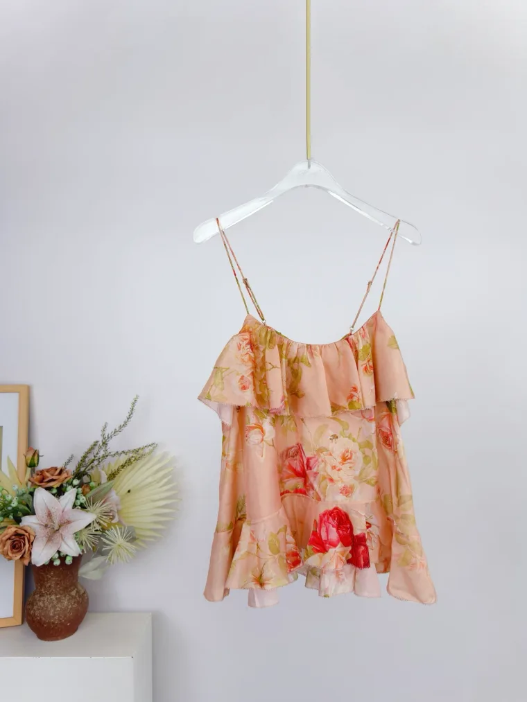 Zimmermann Шёлковый топ Roselight Frill Cami с принтом Pink Rose Floral