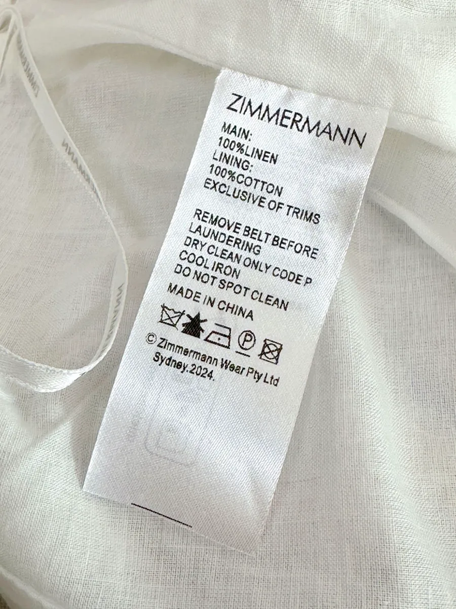 Фирменная бирка Zimmermann с указанием состава ткани