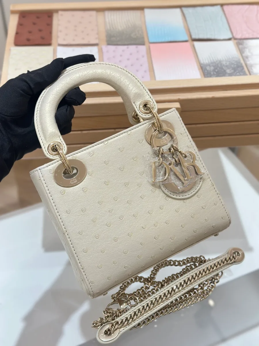 Бежевая сумка Lady Dior 17 из кожи страуса, вид спереди