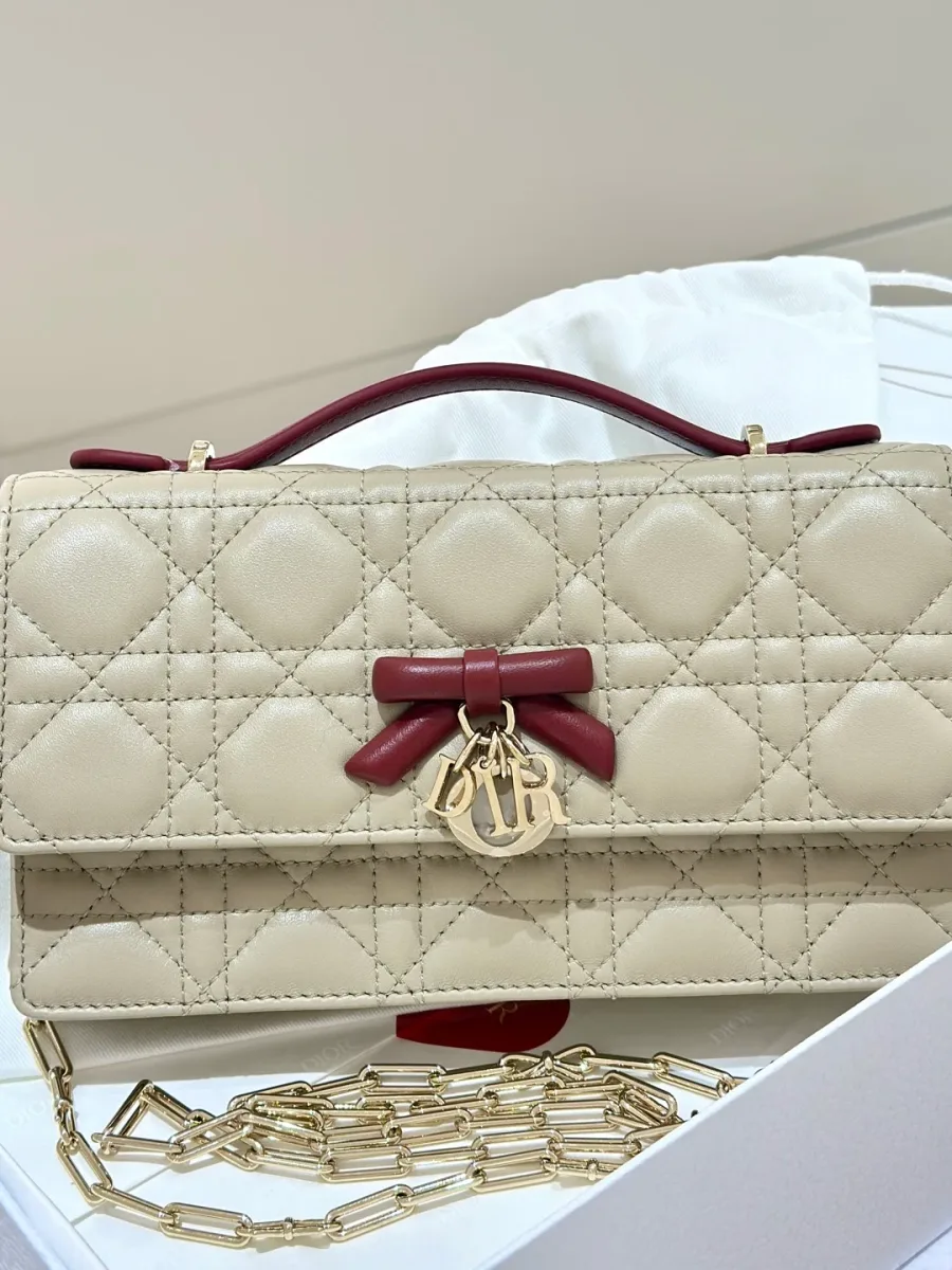 Бежевая сумка Dior WOC с бордовым бантом и ручкой, вид спереди в коробке