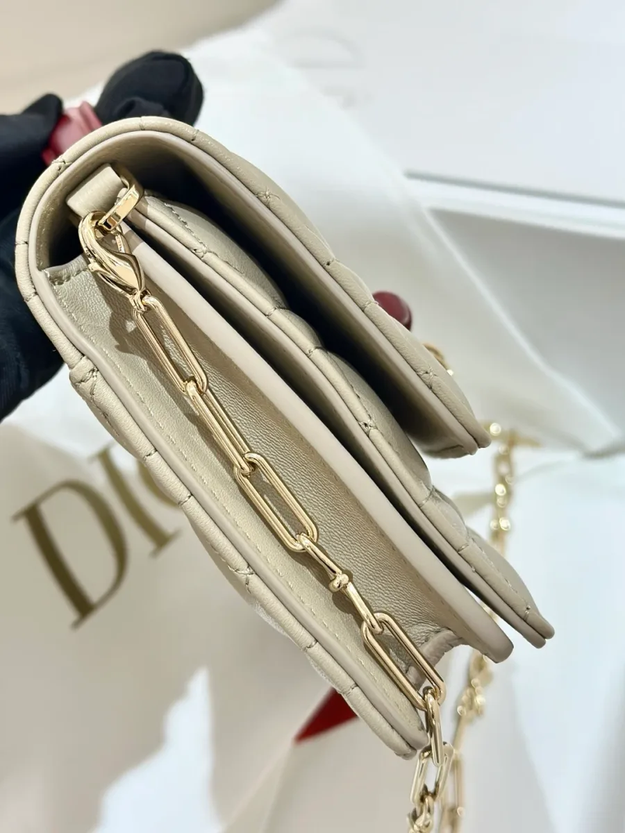Бежевая сумка Dior WOC, вид сбоку