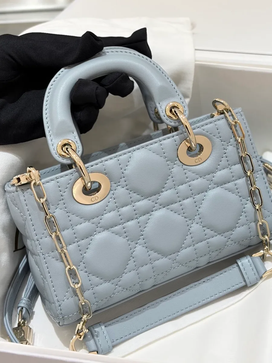Серо-голубая микро-сумка Dior Lady D-Joy с короткими ручками и съемным ремнем