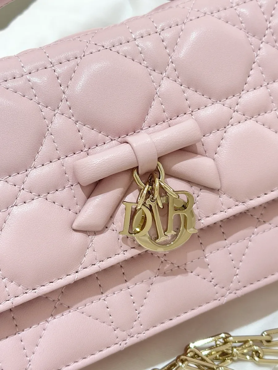 Крупный план кожаного банта и золотистой подвески DIOR на клапане сумки