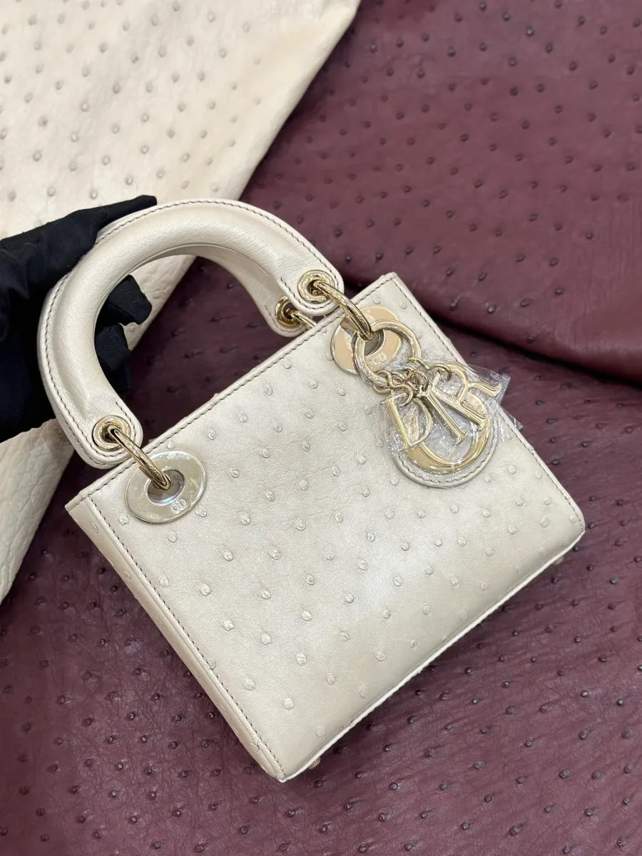 Бежевая сумка Lady Dior из кожи страуса с золотистой фурнитурой, вид спереди