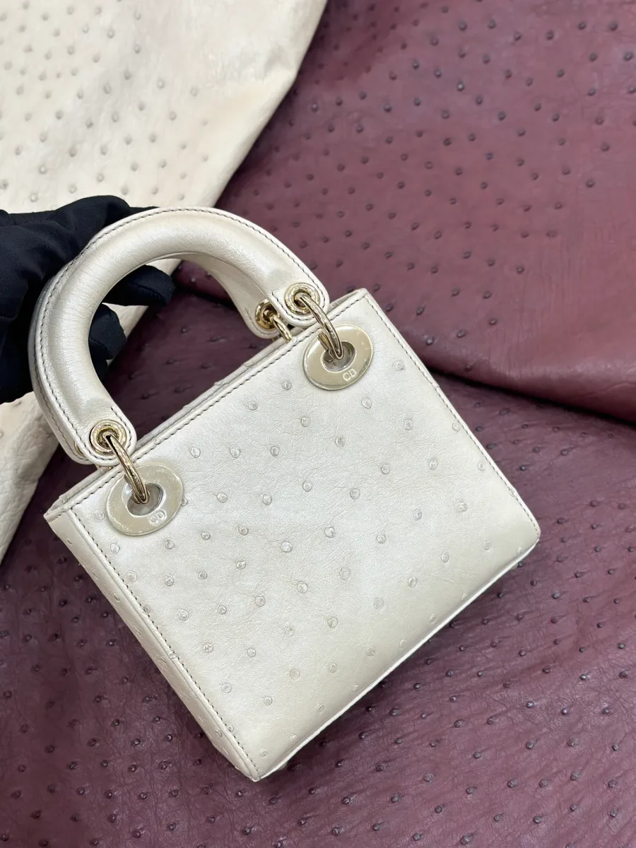 Бежевая сумка Lady Dior, вид сзади, текстура кожи страуса