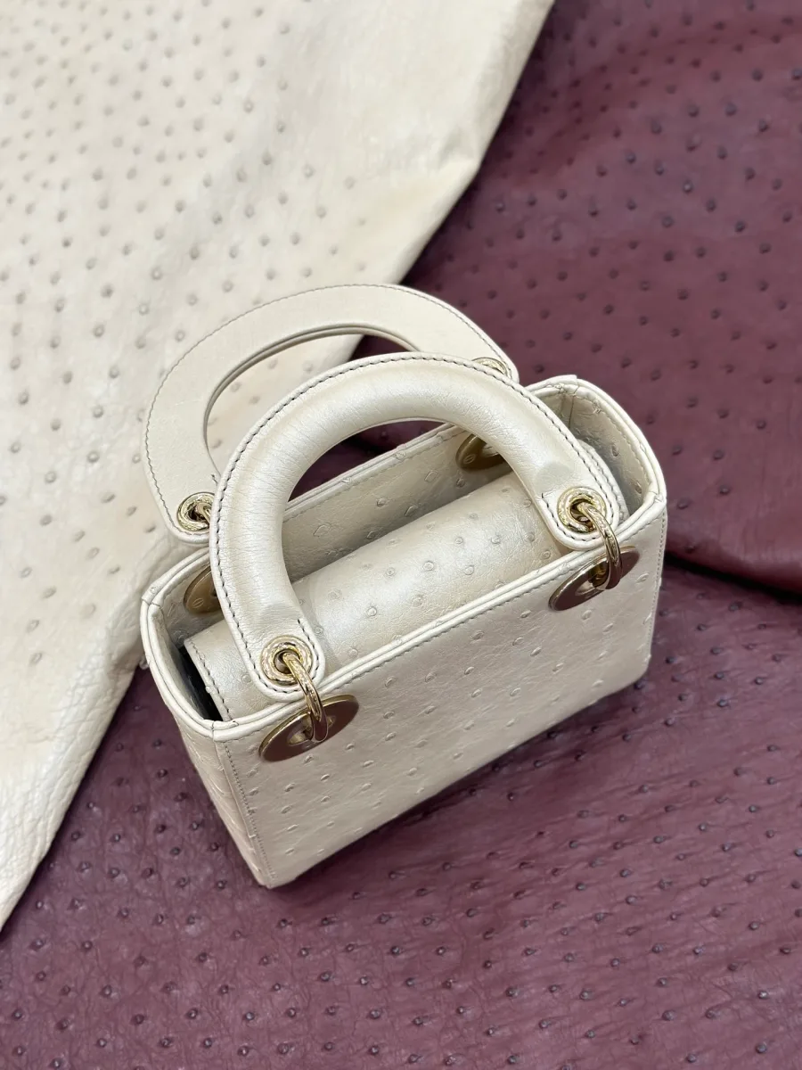 Бежевая сумка Lady Dior, вид сверху, ручки и клапан