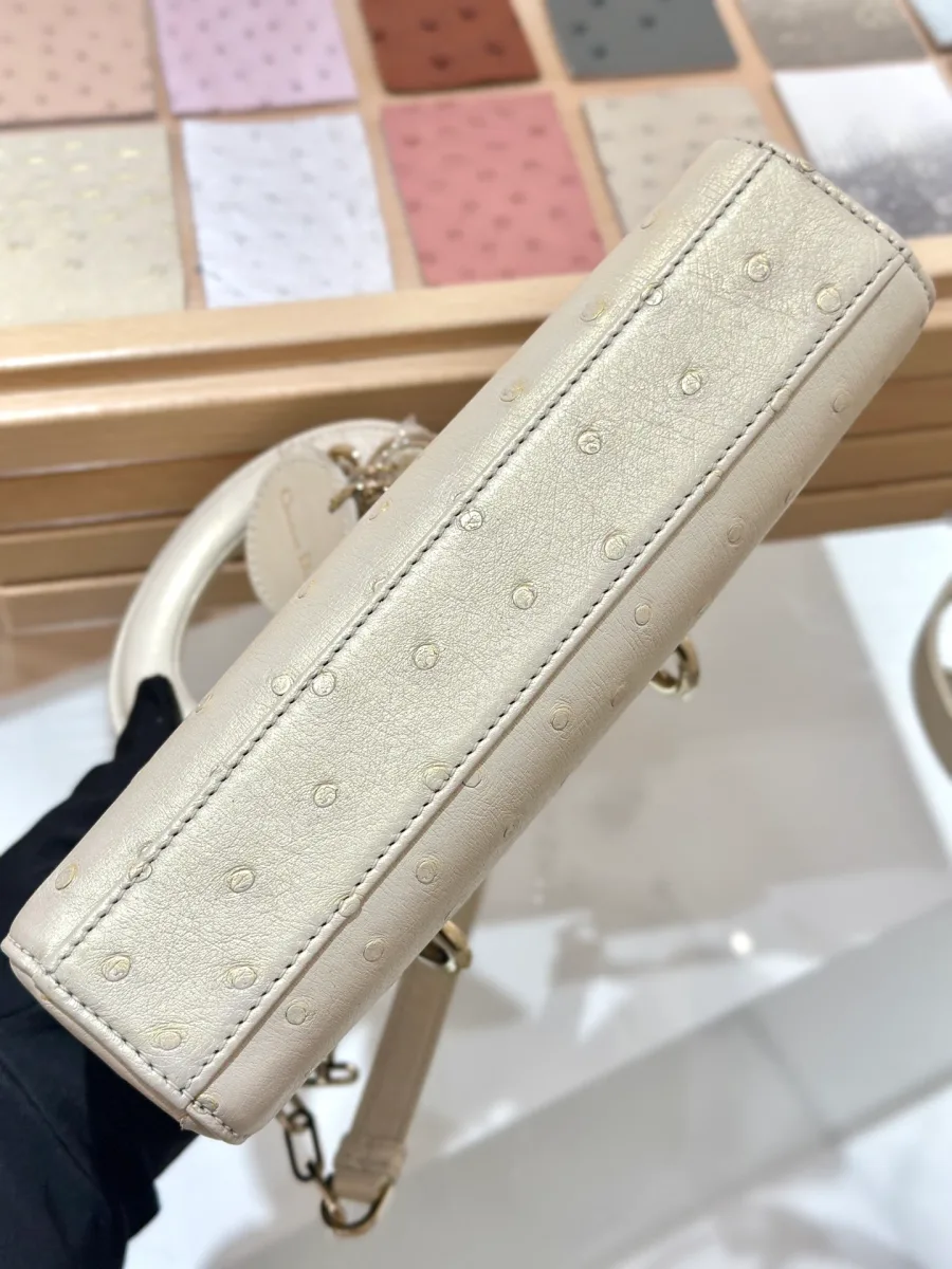 Вид на нижнюю панель дна сумки Dior Lady D-Joy из кожи страуса