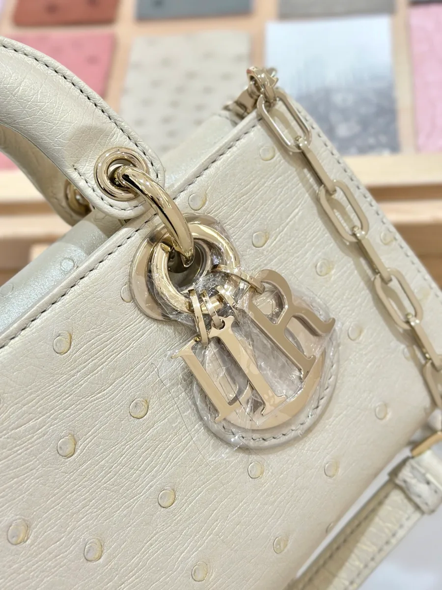 Крупный план металлической подвески с буквами DIOR на креплении ручки