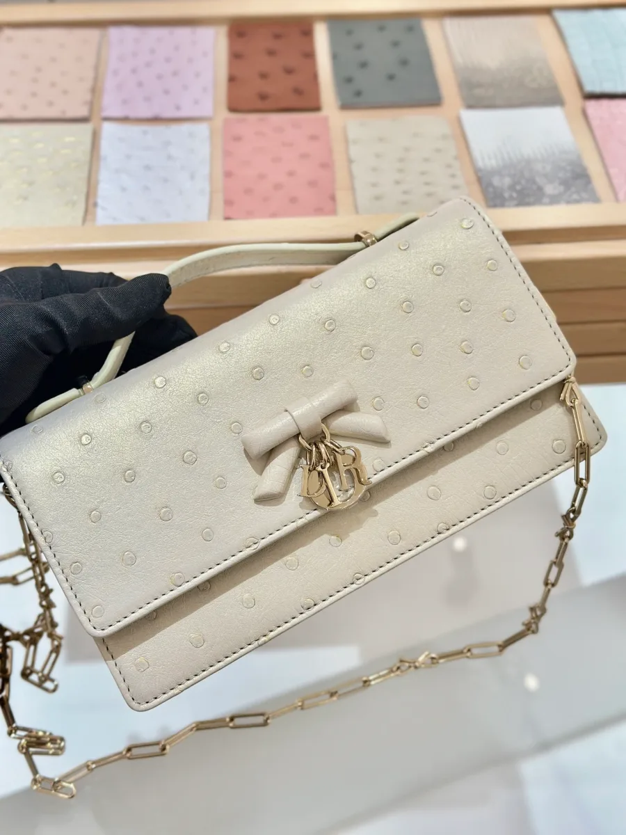 Бежево-золотой клатч Dior WOC из кожи страуса, вид спереди с цепочкой
