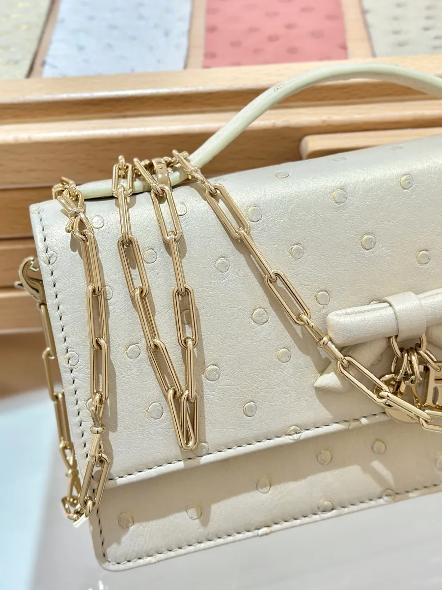 Вид сзади на бежево-золотой клатч Dior WOC с цепочкой