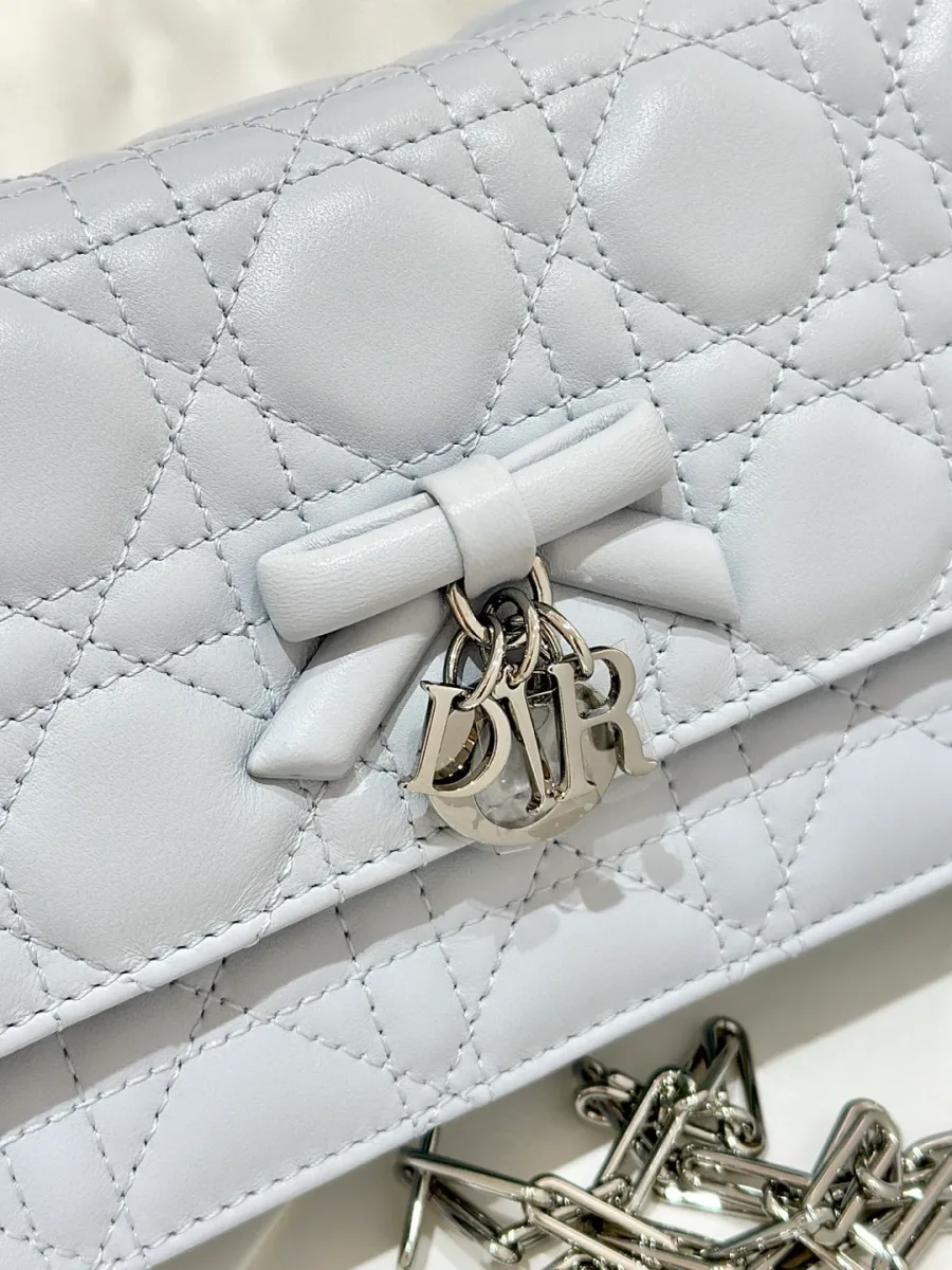 Крупный план кожаного банта и серебряной подвески DIOR на клапане сумки.