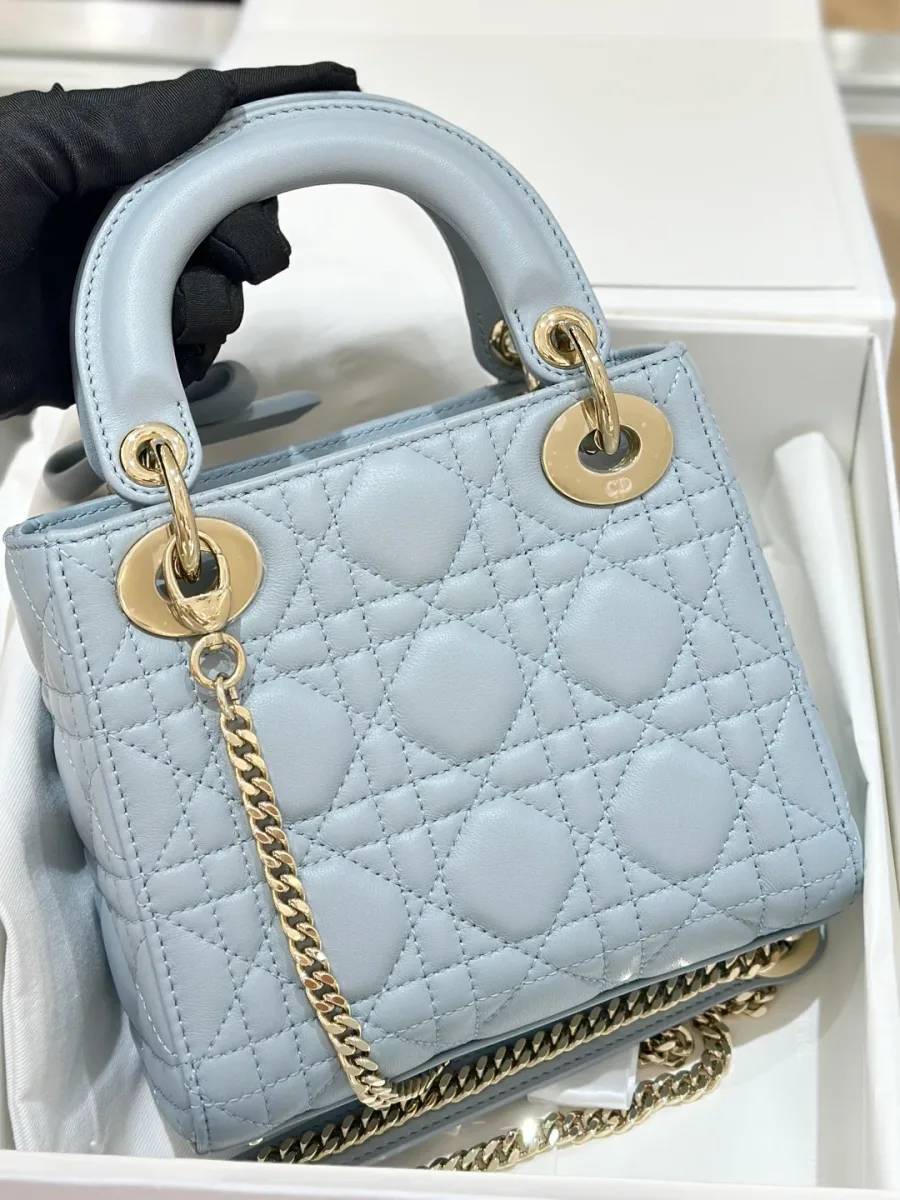 Серо-голубая сумка Dior Lady 17 с бантом, вид спереди, крупный план
