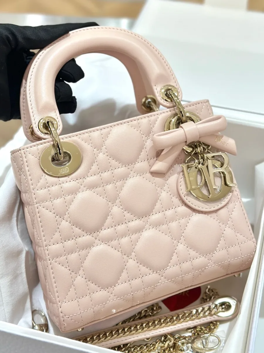 Розовая сумка Lady Dior 17 с золотистой фурнитурой и подвеской-бантом, вид спереди