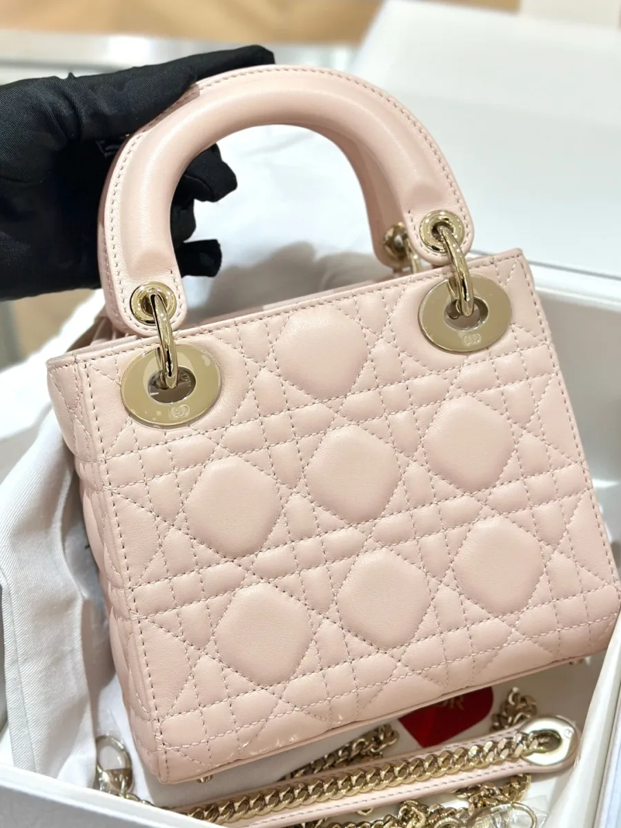 Сумка Lady Dior 17 из нежно-розовой кожи ягненка в коробке, вид спереди