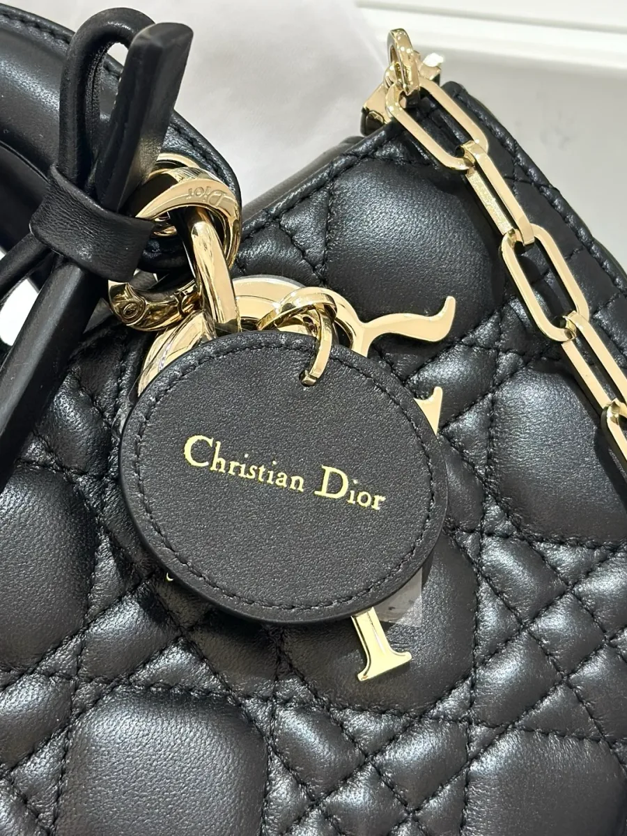 Кожаный круглый ярлык с тиснением Christian Dior на передней панели сумки