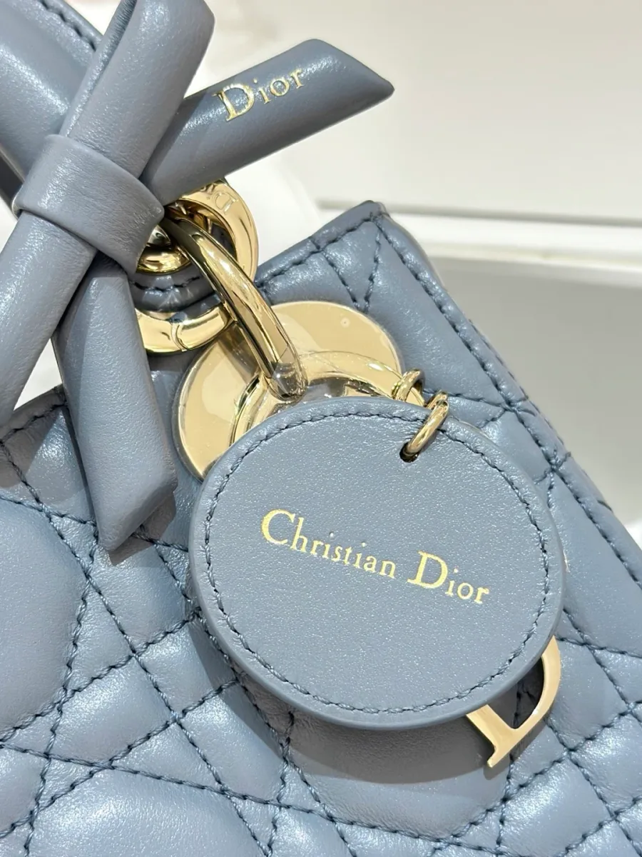 Крупный план кожаного ярлыка Christian Dior и банта на сумке