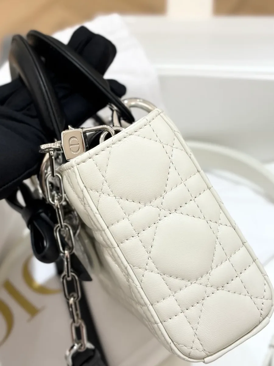 Вид сбоку на бело-черную сумку Dior Lady D-Joy