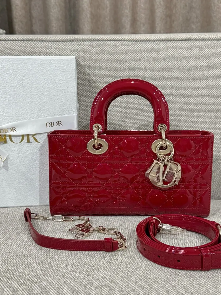 Бордовая сумка Dior Lady D-Joy с ремнями на фоне коробки, вид спереди