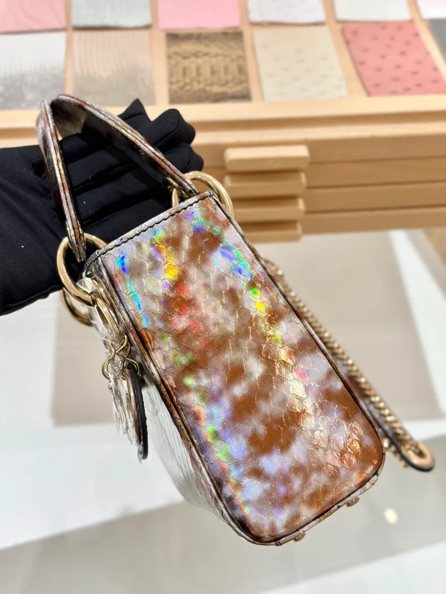 Сумка Lady Dior 17 из разноцветной змеиной кожи, вид сбоку с другого ракурса