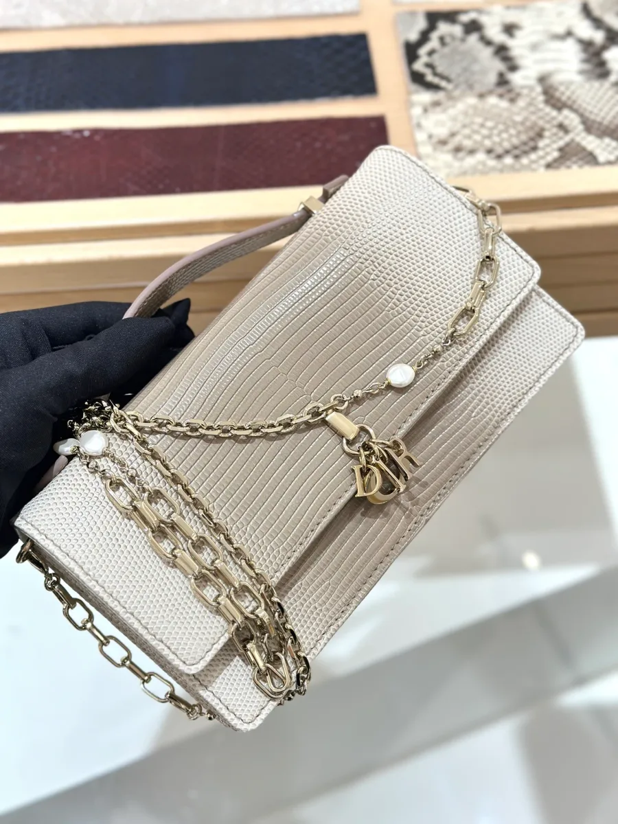 Бежевая сумка Dior WOC из кожи ящерицы с градиентом, вид спереди под углом