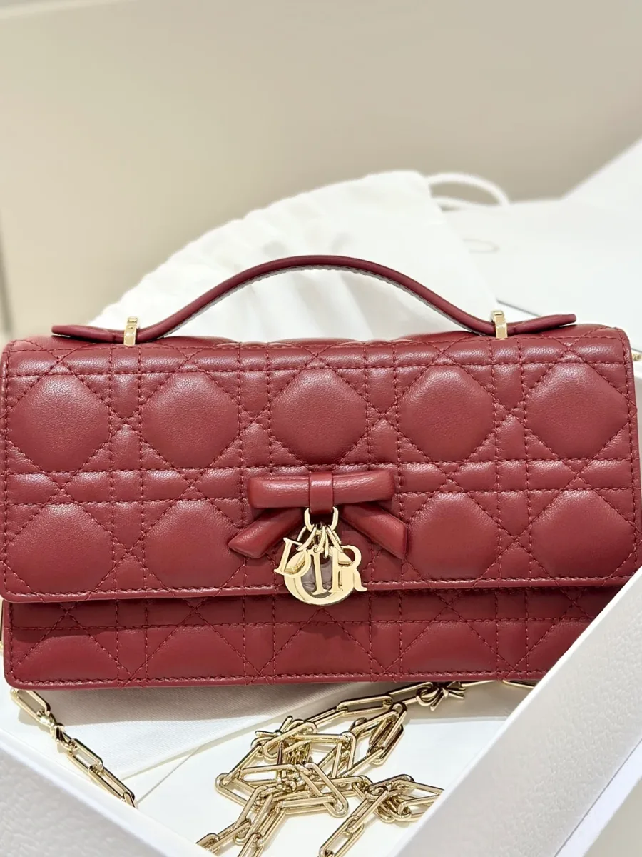 Бордовая сумка-клатч Dior WOC с бантом и золотистой подвеской, вид спереди в коробке