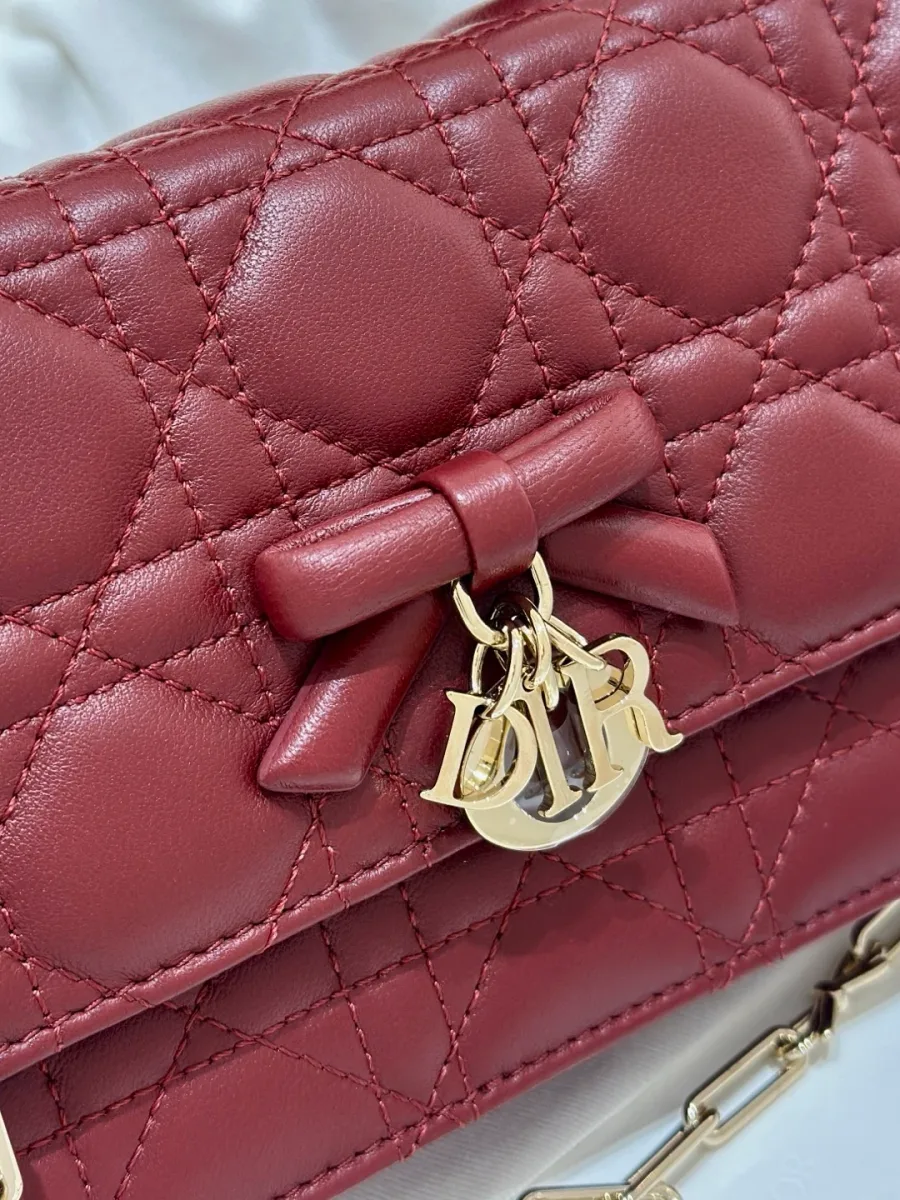 Крупный план кожаного банта с золотистой подвеской-шармом DIOR на клапане сумки