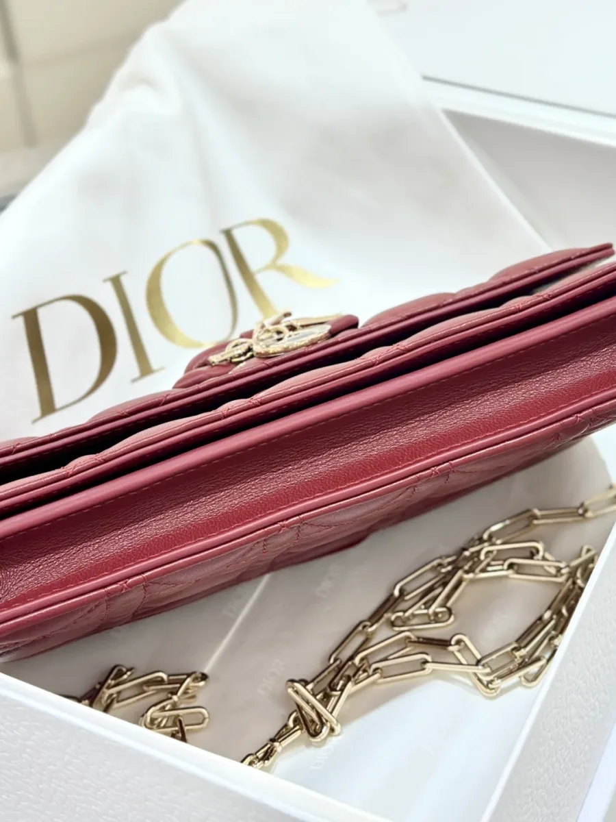 Вид снизу на бордовую сумку Dior WOC и золотистую цепочку