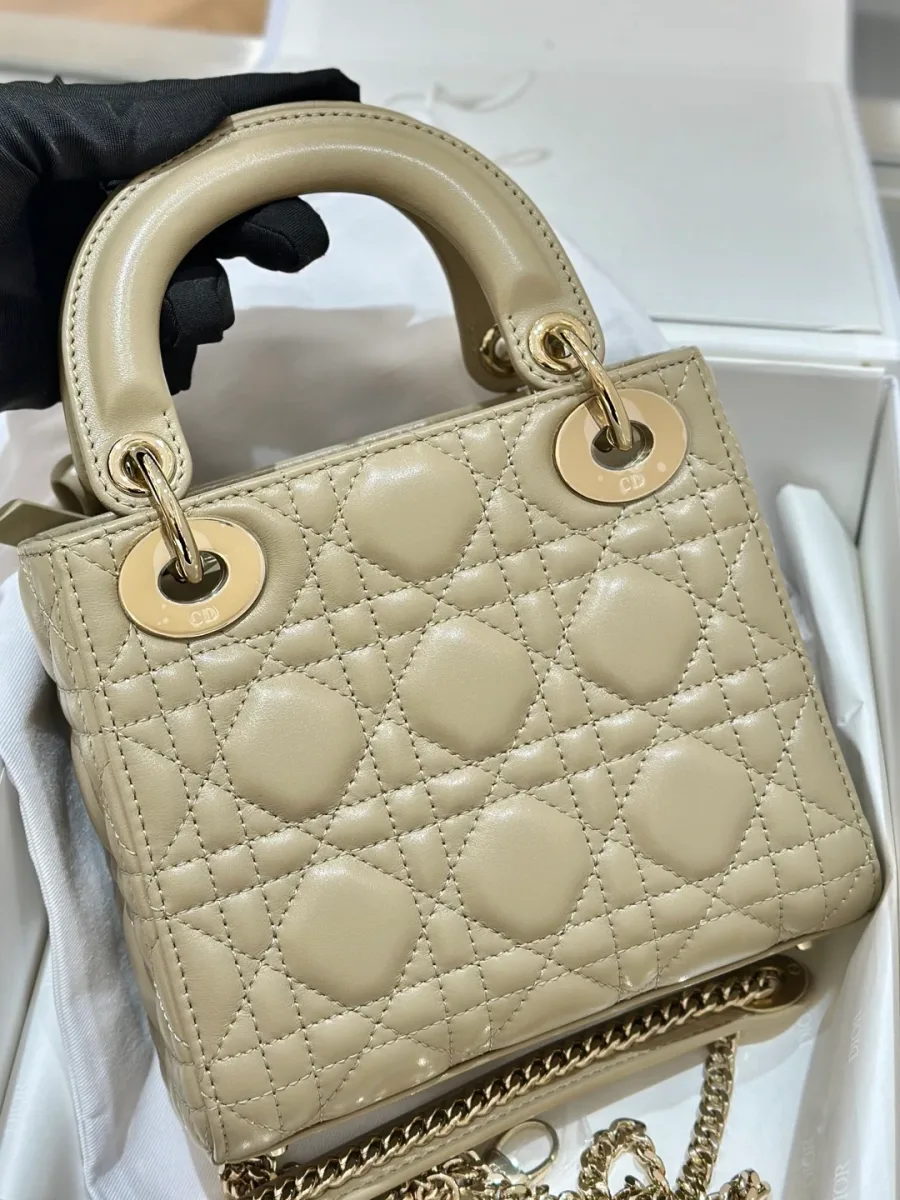 Бежевая стеганая сумка Lady Dior 17 с золотистой фурнитурой, вид спереди