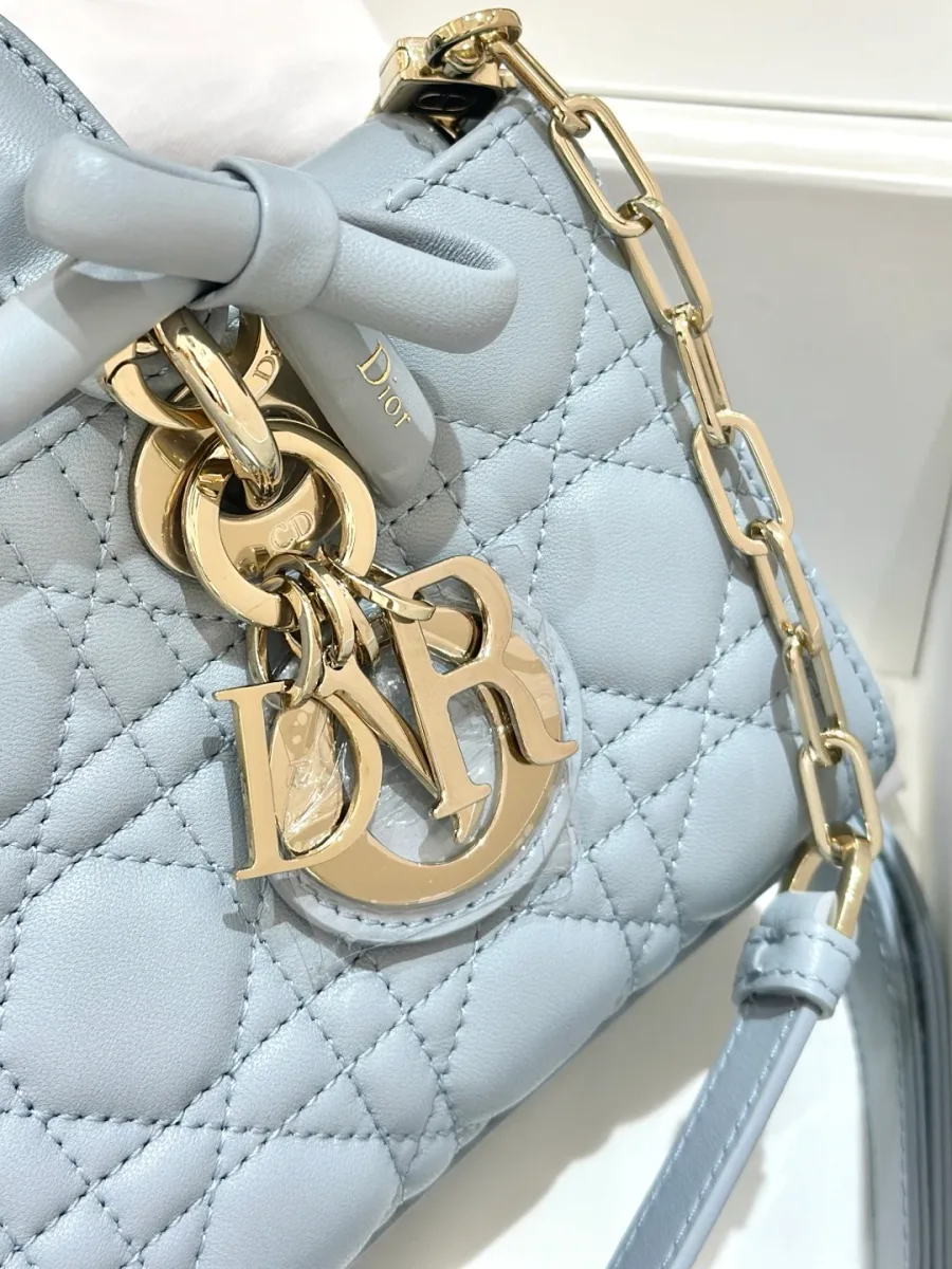 Крупный план золотистой подвески DIOR и кожаного банта на сумке Dior Lady D-Joy