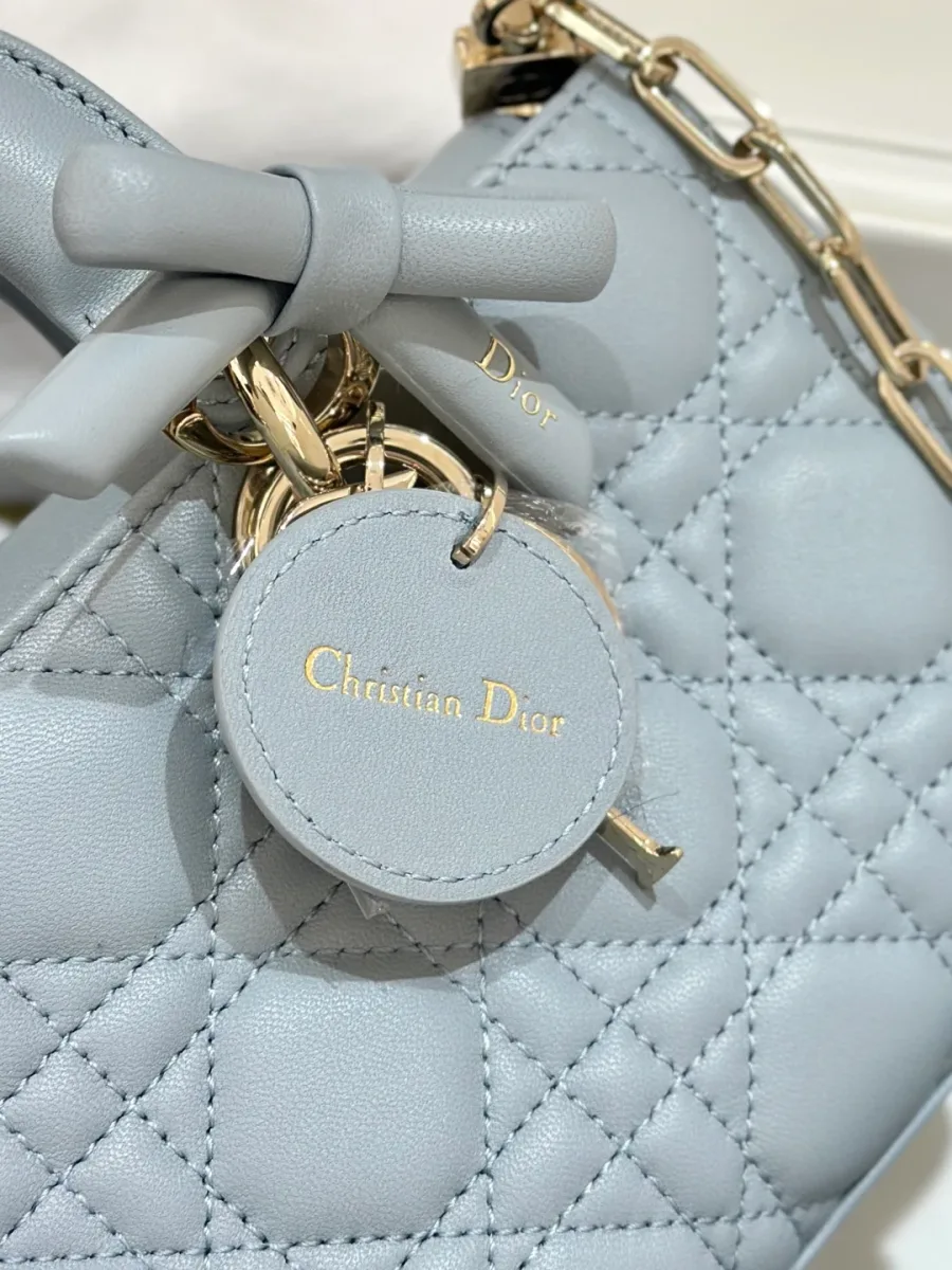 Деталь сумки Dior Lady D-Joy: кожаный круглый ярлык Christian Dior и бант